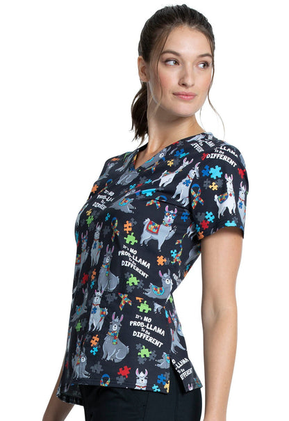 Llama Print Cherokee Autism Awareness V Neck Scrub Top CK651 LAMV - Scrubs Select