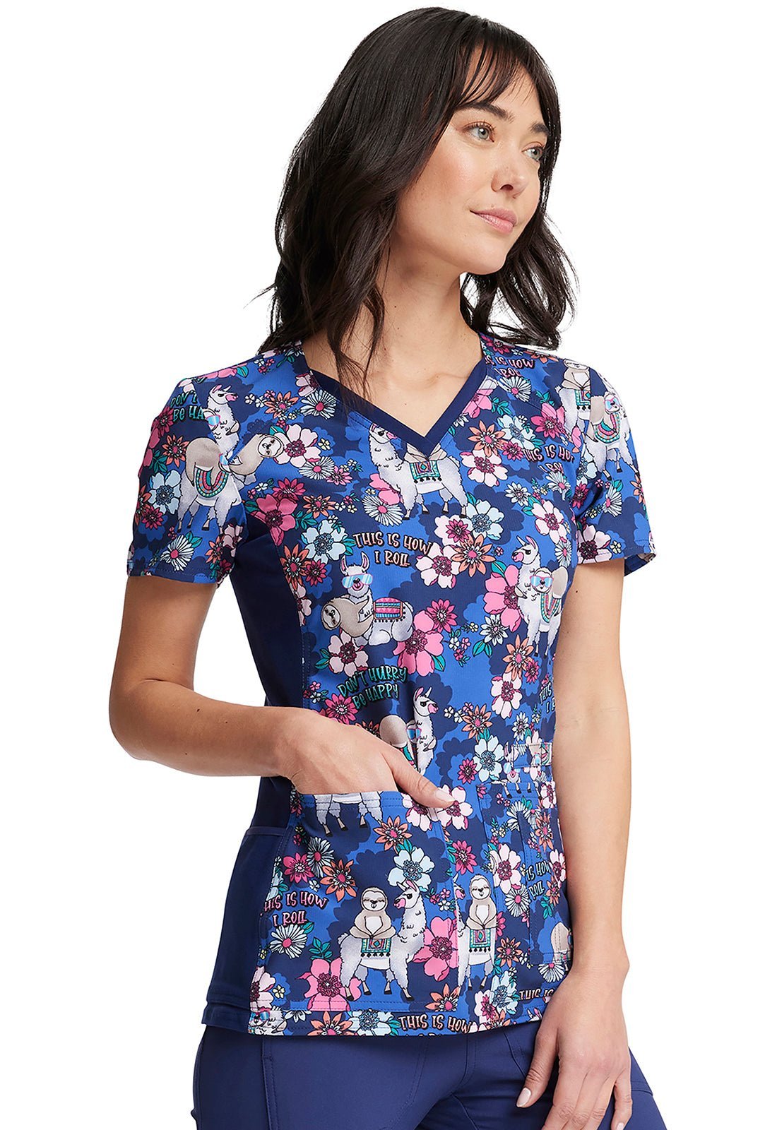 Llama Sloth Cherokee iFlex Print V Neck Knit Panel Scrub Top CK636 HYPL - Scrubs Select