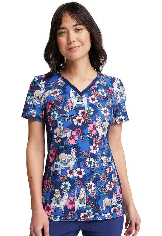 Llama Sloth Cherokee iFlex Print V Neck Knit Panel Scrub Top CK636 HYPL - Scrubs Select