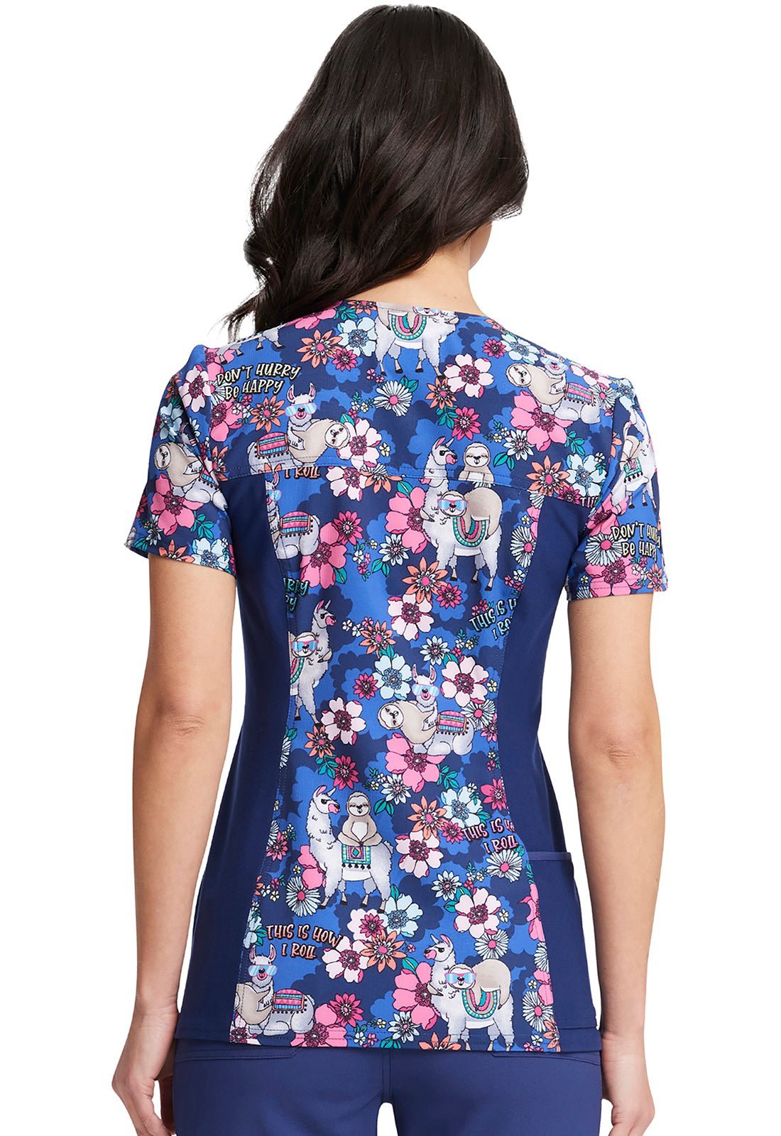 Llama Sloth Cherokee iFlex Print V Neck Knit Panel Scrub Top CK636 HYPL - Scrubs Select