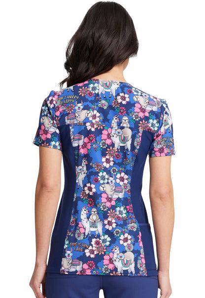 Llama Sloth Cherokee iFlex Print V Neck Knit Panel Scrub Top CK636 HYPL - Scrubs Select