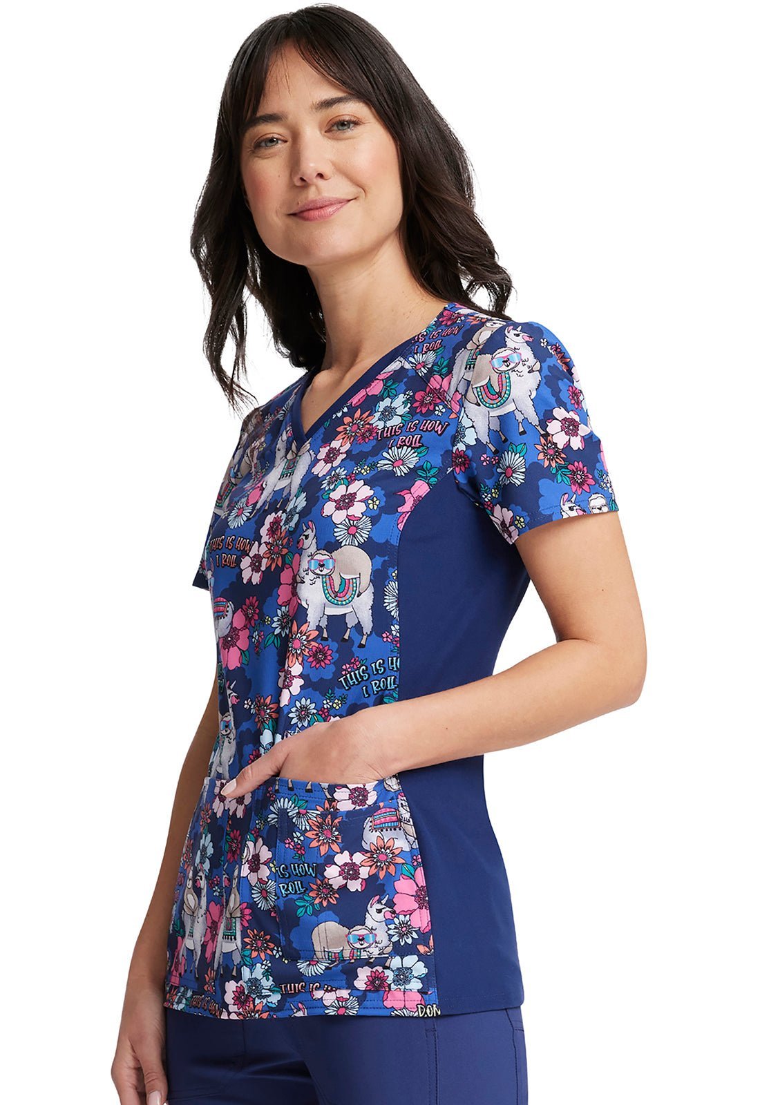 Llama Sloth Cherokee iFlex Print V Neck Knit Panel Scrub Top CK636 HYPL - Scrubs Select
