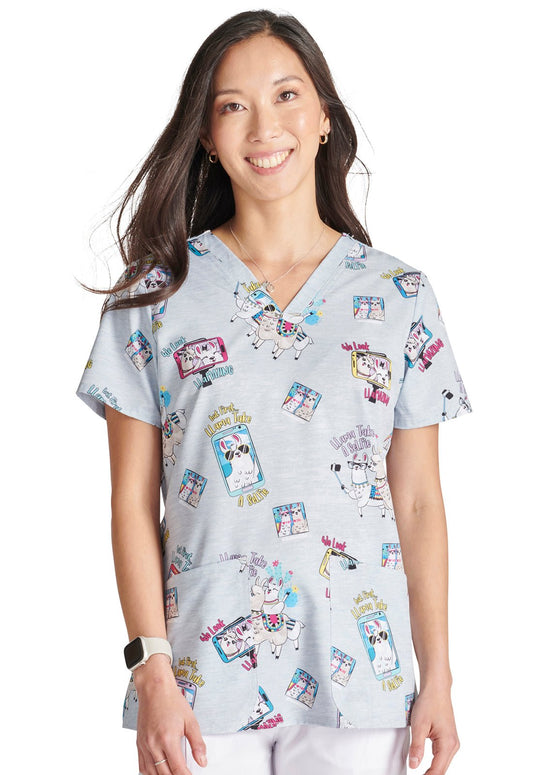 Llama Take A Selfie Cherokee Print V Neck Scrub Top CK671 LESF - Scrubs Select