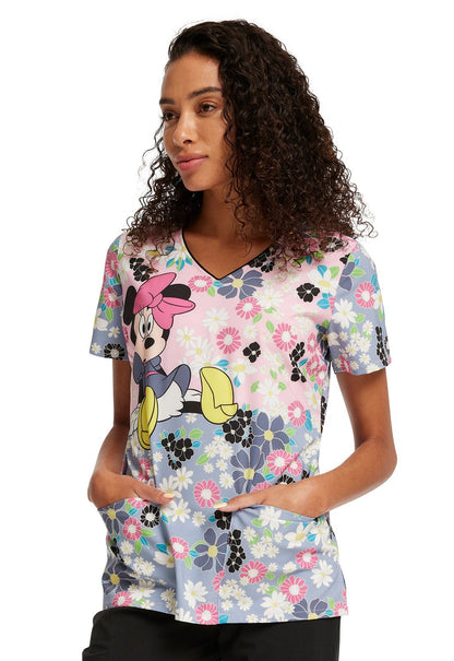 Many Minnie Flowers Tooniforms Disney V Neck Scrub Top TF614 MNYN - Scrubs Select