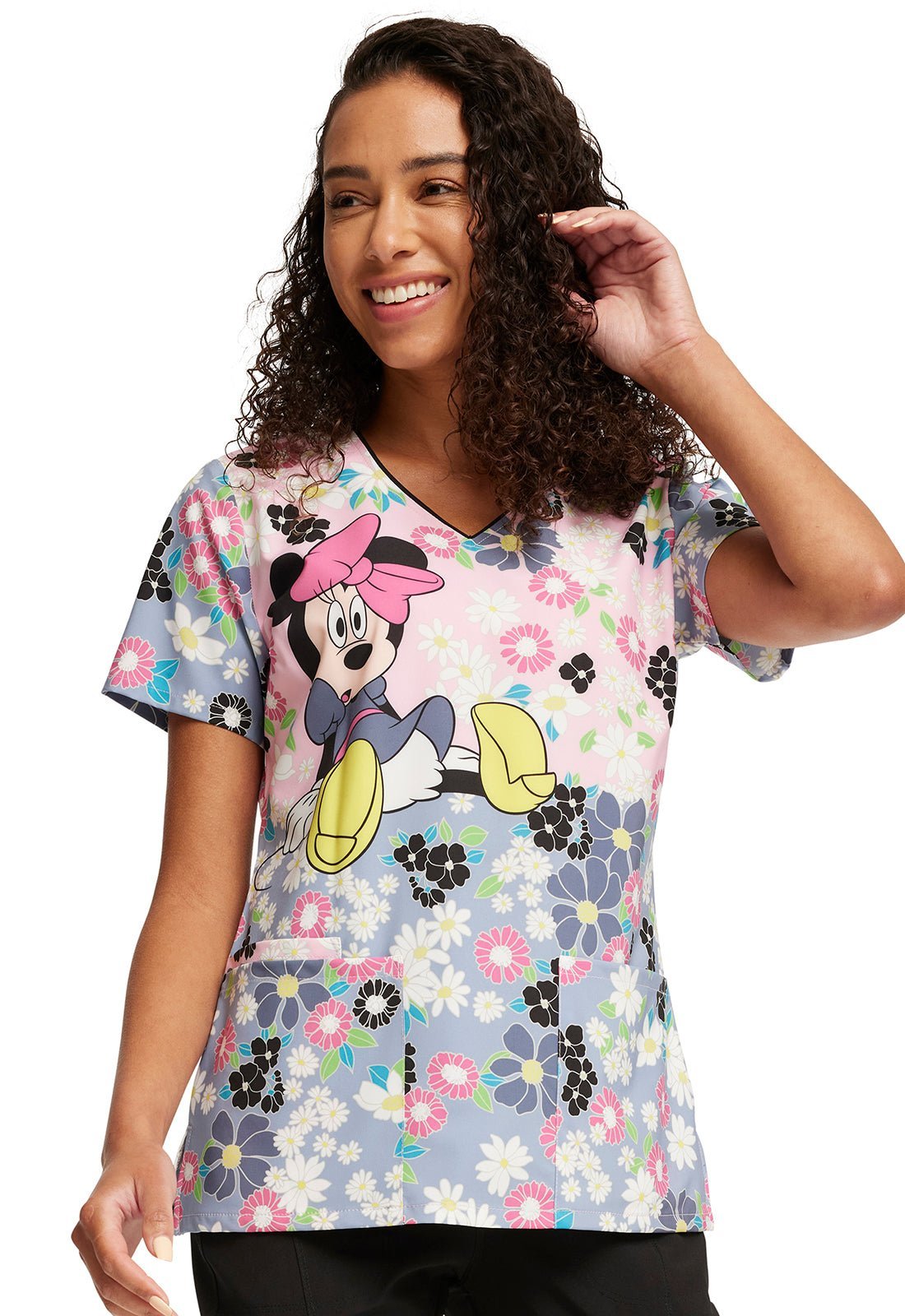 Many Minnie Flowers Tooniforms Disney V Neck Scrub Top TF614 MNYN - Scrubs Select