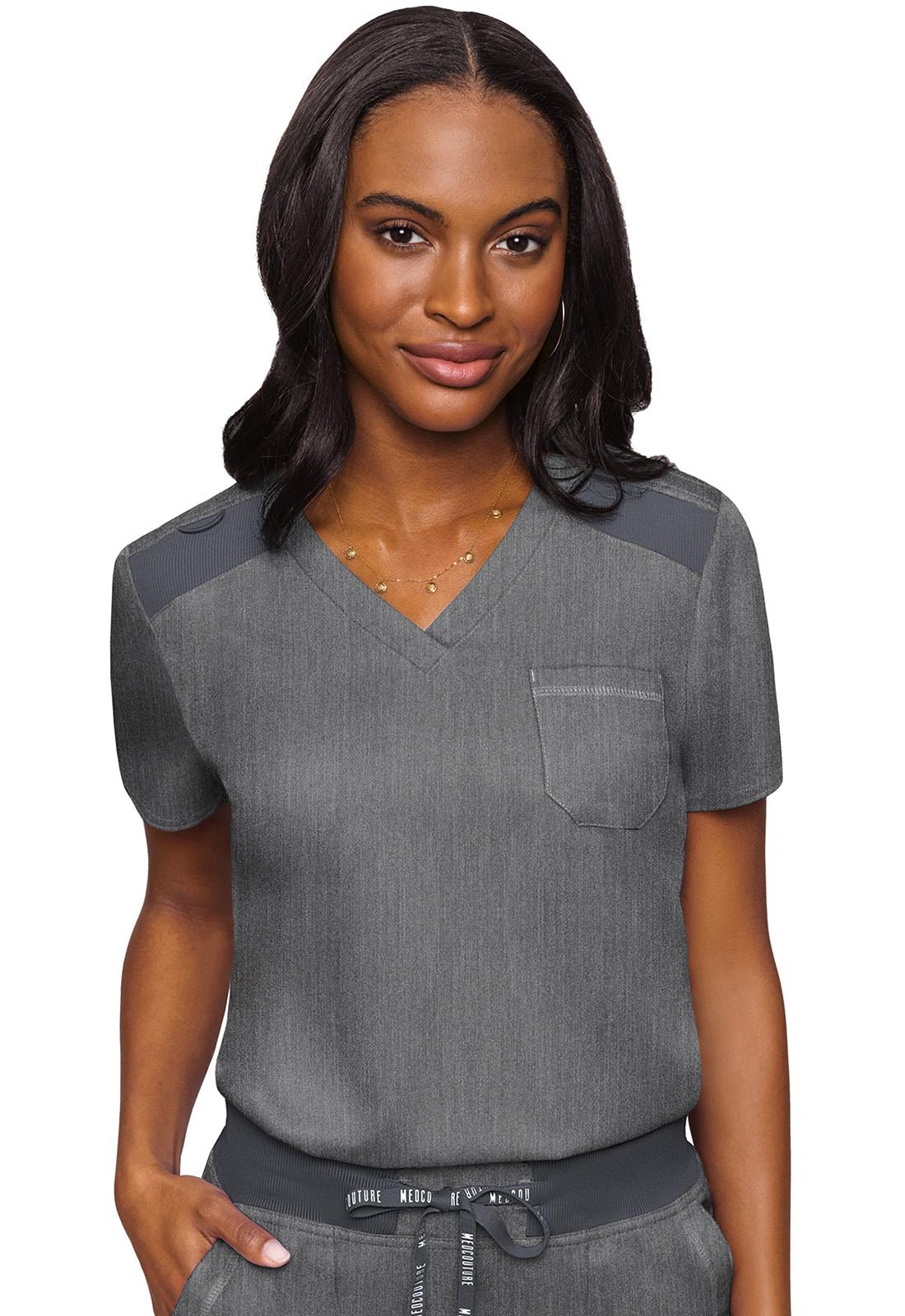 Med Couture Touch V Neck Scrub Top MC7448 in Eggplant, Pink, Lilac, Olive, Sea Mist, Slate, Teal - Scrubs Select