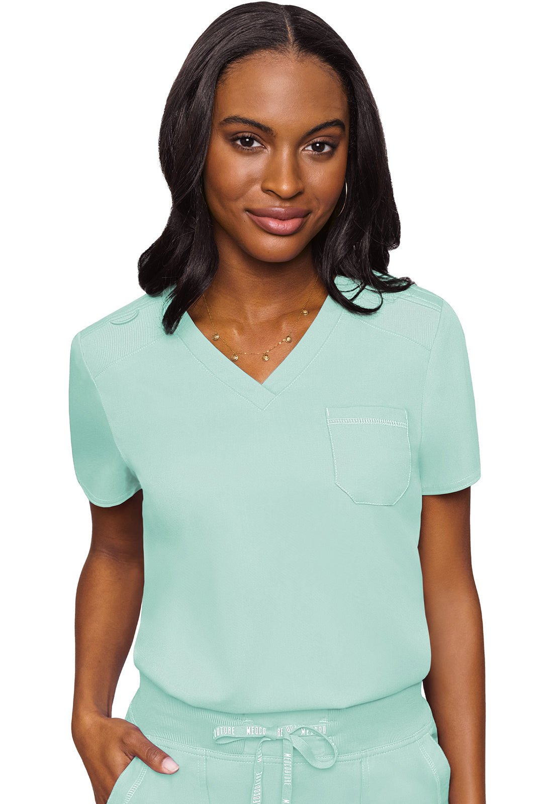 Med Couture Touch V Neck Scrub Top MC7448 in Eggplant, Pink, Lilac, Olive, Sea Mist, Slate, Teal - Scrubs Select