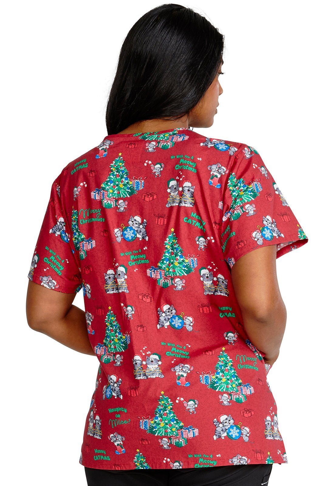 Meowy Christmouse Cherokee Cat Mouse Christmas Print V Neck Scrub Top CK616 MWCM - Scrubs Select