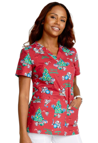 Meowy Christmouse Cherokee Cat Mouse Christmas Print V Neck Scrub Top CK616 MWCM - Scrubs Select