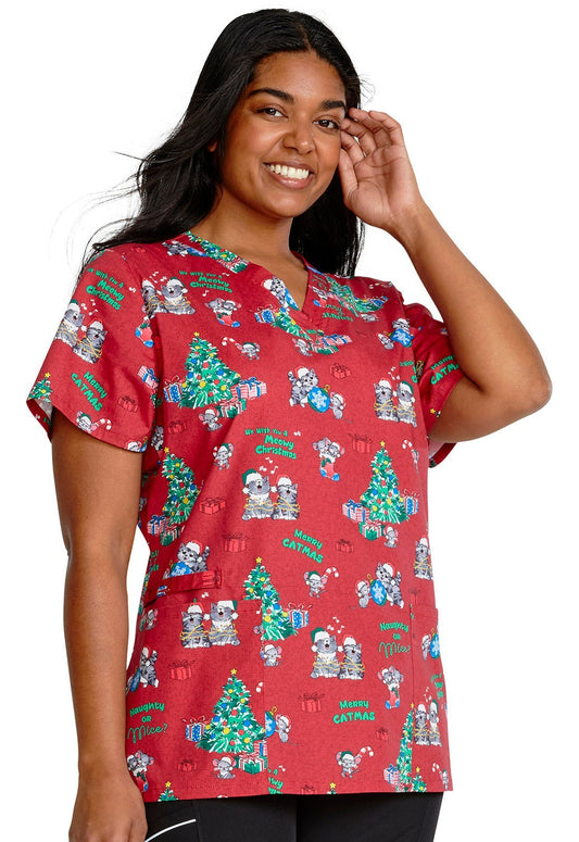 Meowy Christmouse Cherokee Cat Mouse Christmas Print V Neck Scrub Top CK616 MWCM - Scrubs Select