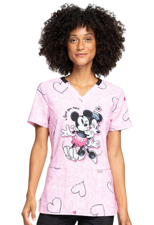 Mickey Minnie Mouse Cherokee Infinity Disney Valentines Print V Neck Scrub Top CK714 MKVM - Scrubs Select