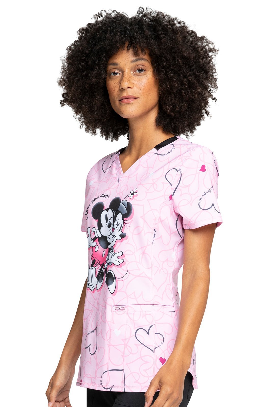 Mickey Minnie Mouse Cherokee Infinity Disney Valentines Print V Neck Scrub Top CK714 MKVM - Scrubs Select