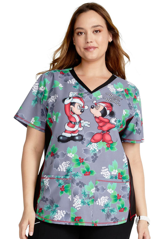 Mickey Minnie Mouse Cherokee Tooniforms Disney Christmas V Neck Top TF783 MKNU - Scrubs Select