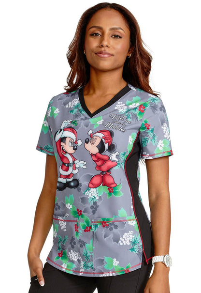 Mickey Minnie Mouse Cherokee Tooniforms Disney Christmas V Neck Top TF783 MKNU - Scrubs Select