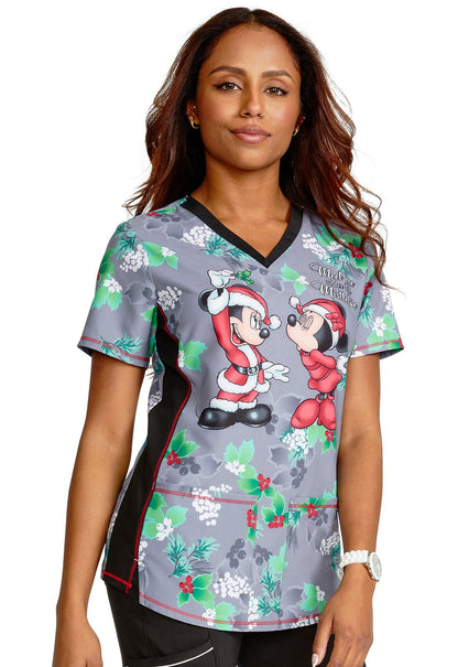 Mickey Minnie Mouse Cherokee Tooniforms Disney Christmas V Neck Top TF783 MKNU - Scrubs Select