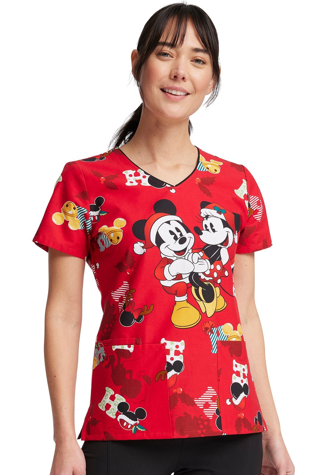 Mickey Minnie Mouse Christmas Tooniforms Disney V Neck Scrub Top TF614 MKKH - Scrubs Select