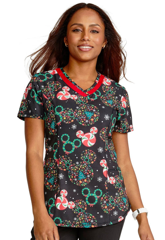 Mickey Mouse Cherokee Tooniforms Disney Christmas V Neck Scrub Top TF769 MKZD - Scrubs Select