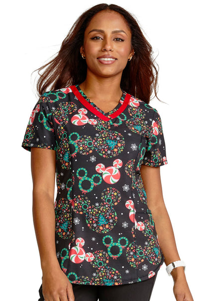 Mickey Mouse Cherokee Tooniforms Disney Christmas V Neck Scrub Top TF769 MKZD - Scrubs Select