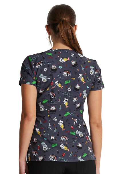 Miso Purr - fect Dickies EDS Cat Print V Neck Scrub Top DK852 MFPT - Scrubs Select