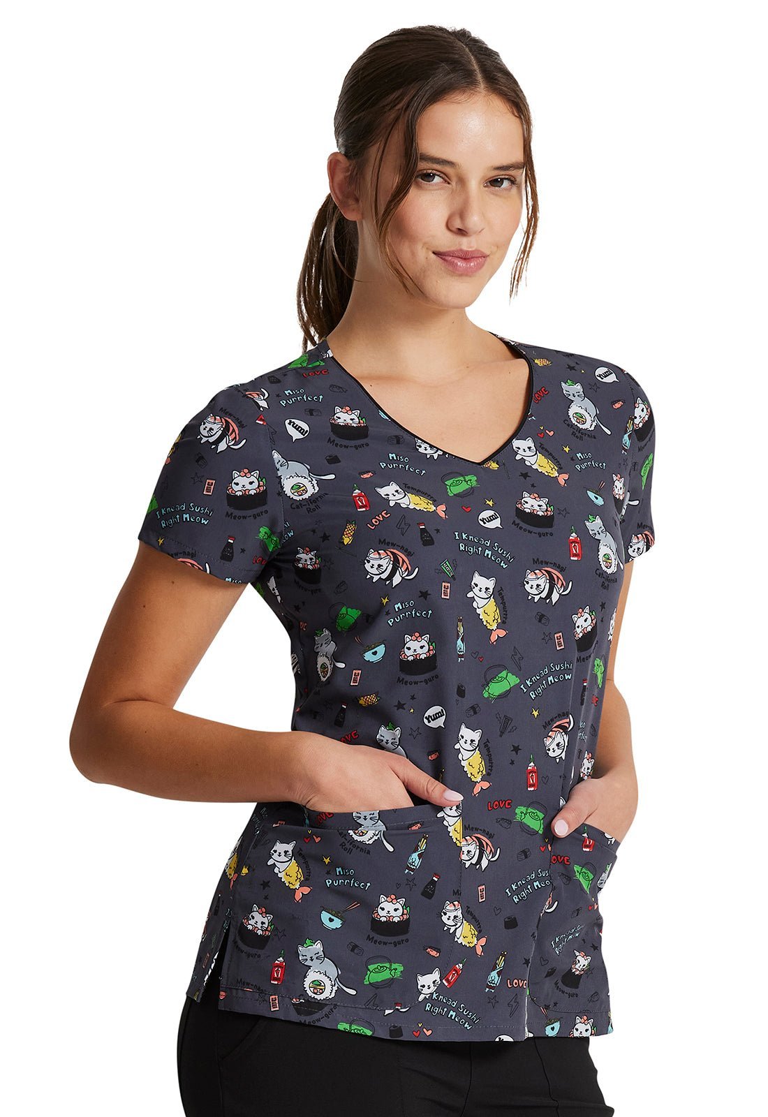 Miso Purr - fect Dickies EDS Cat Print V Neck Scrub Top DK852 MFPT - Scrubs Select
