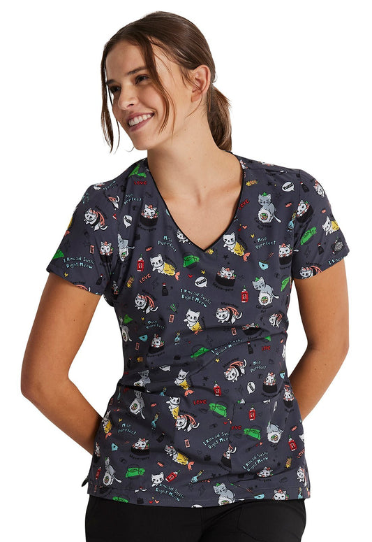 Miso Purr - fect Dickies EDS Cat Print V Neck Scrub Top DK852 MFPT - Scrubs Select