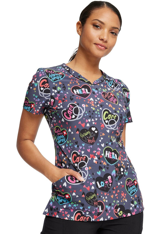Nurse Cherokee Print V Neck Scrub Top CK678 WOHT - Scrubs Select
