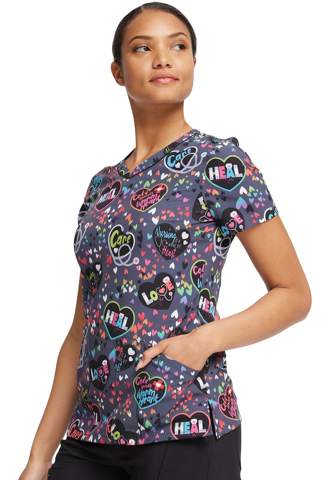 Nurse Cherokee Print V Neck Scrub Top CK678 WOHT - Scrubs Select