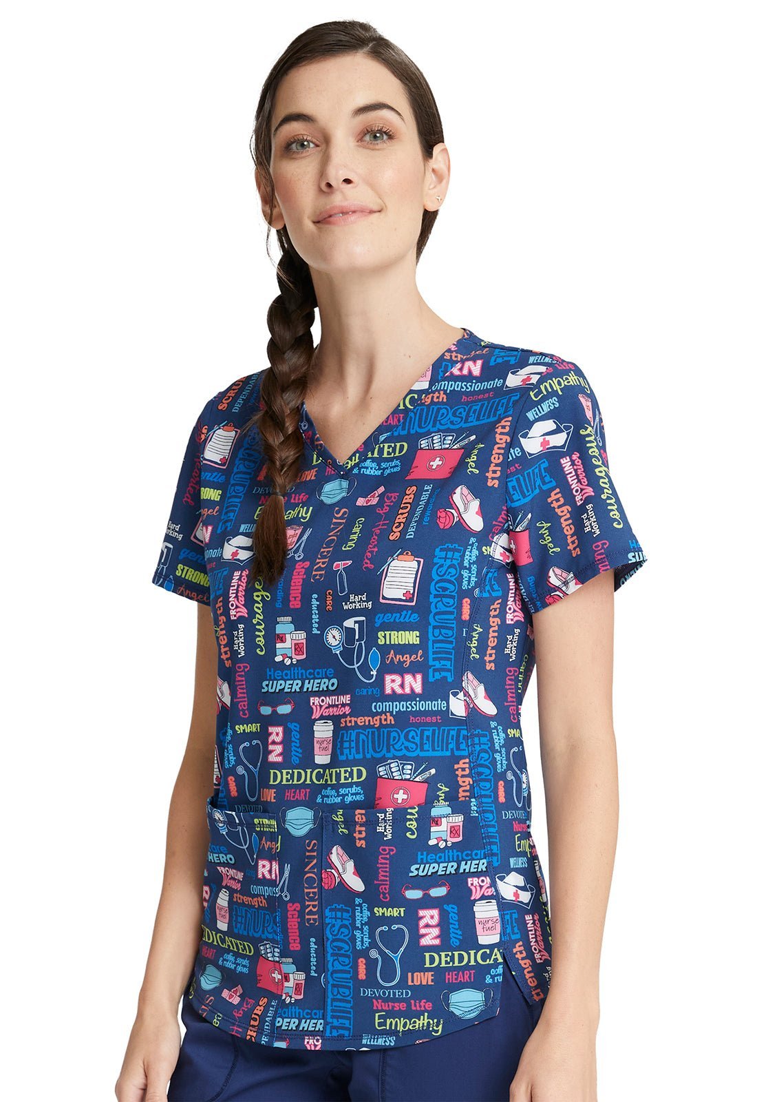 Nurse Cherokee Print V Neck Scrub Top CK703 SULF - Scrubs Select