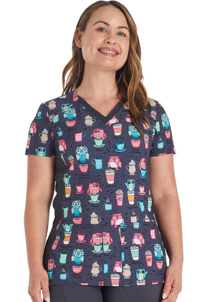 Owl I Need Is Coffee Cherokee Print V Neck Scrub Top CK793 ONCF - Scrubs Select