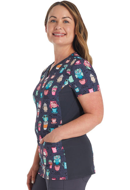 Owl I Need Is Coffee Cherokee Print V Neck Scrub Top CK793 ONCF - Scrubs Select