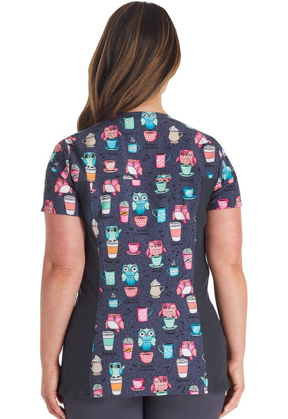 Owl I Need Is Coffee Cherokee Print V Neck Scrub Top CK793 ONCF - Scrubs Select