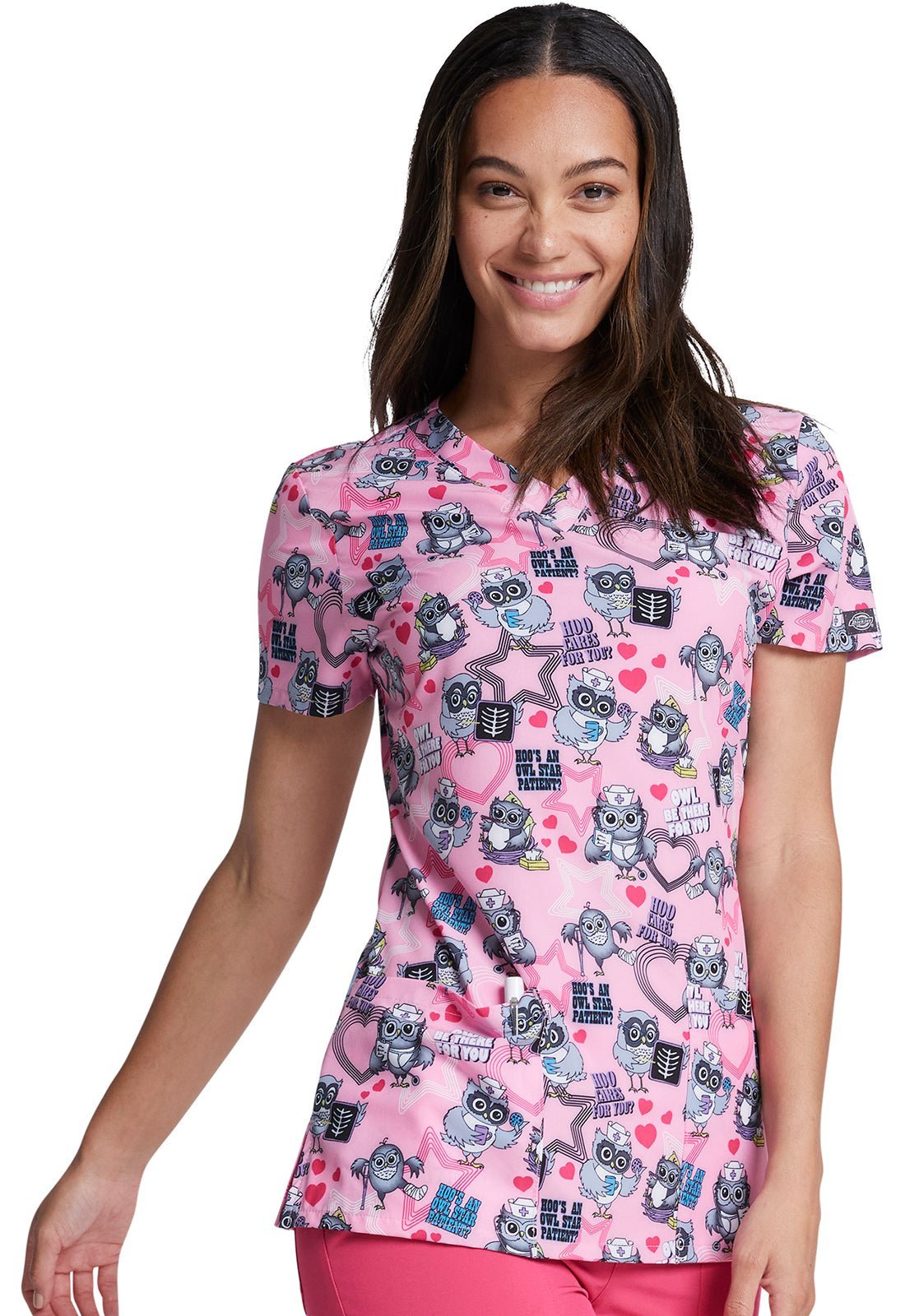 Owl Nurse Dickies EDS Print V Neck Scrub Top DK717 HOCU - Scrubs Select