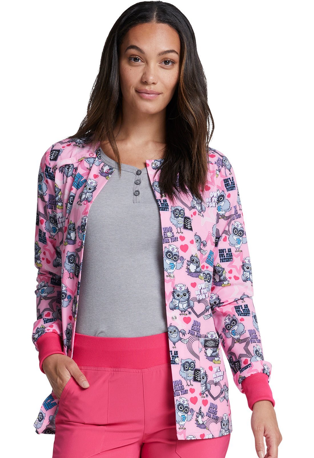 Owl Nurse Dickies Print Snap Front Scrub Jacket DK309 HOCU - Scrubs Select