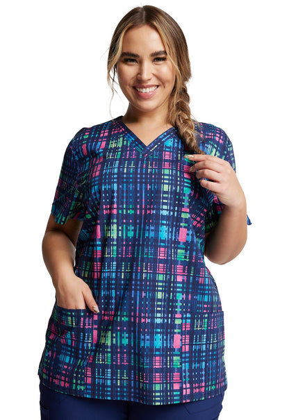 Plaid Dickes EDS Print V Neck Scrub Top DK704 GWPD - Scrubs Select