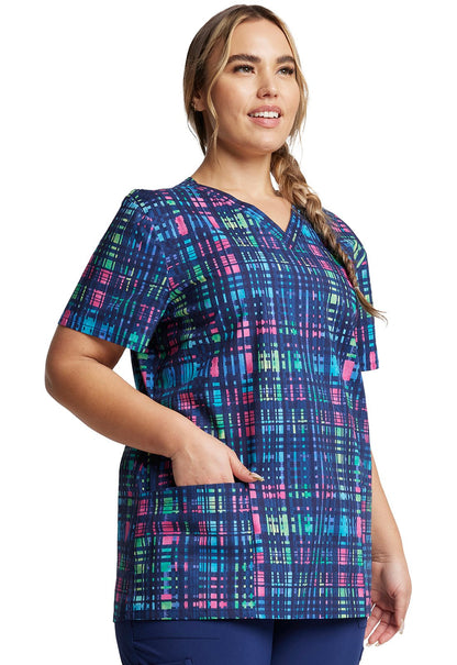 Plaid Dickes EDS Print V Neck Scrub Top DK704 GWPD - Scrubs Select