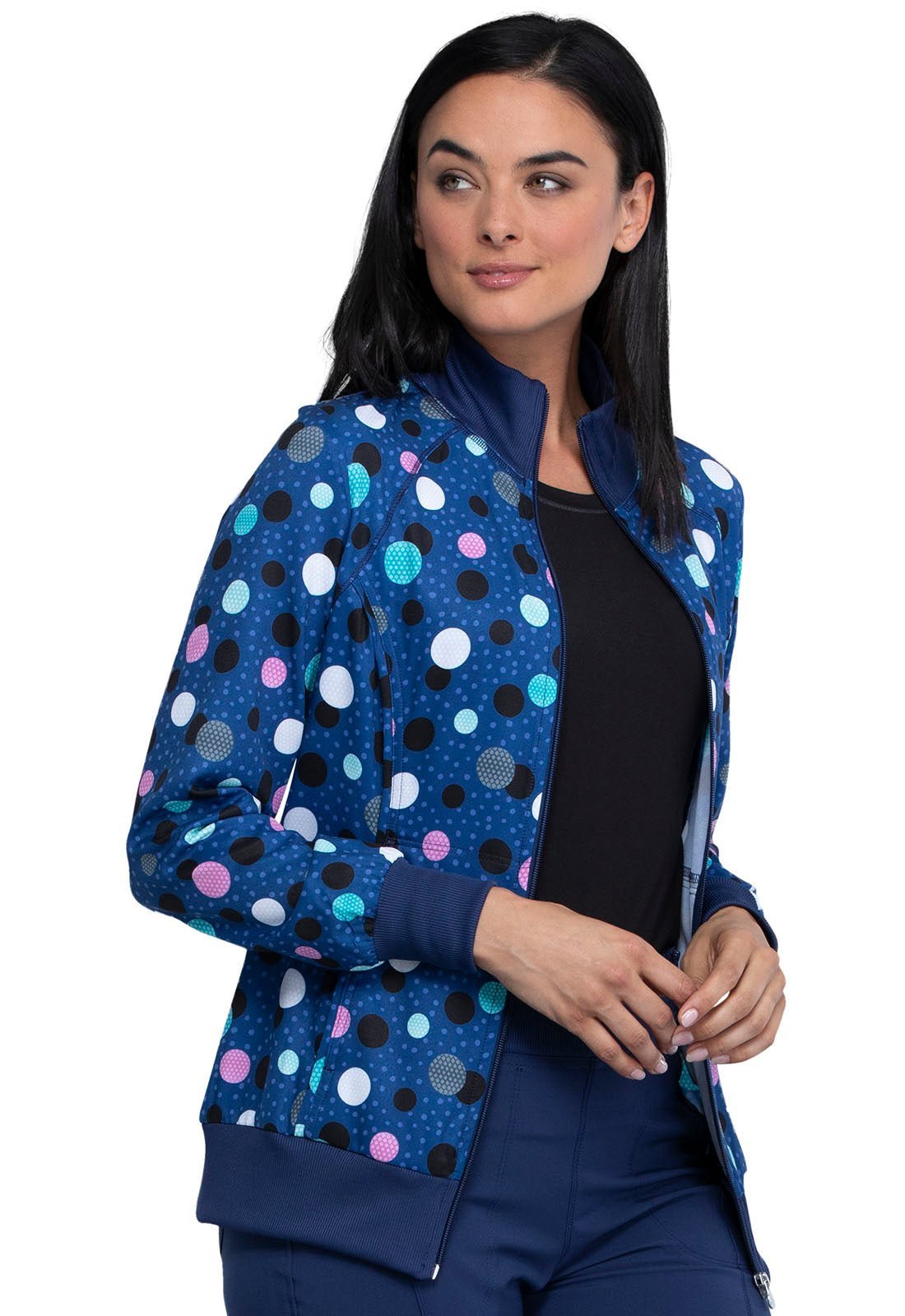 Polka Dots Cherokee Print Zip Front Scrub Jacket CK372 PKNV - Scrubs Select