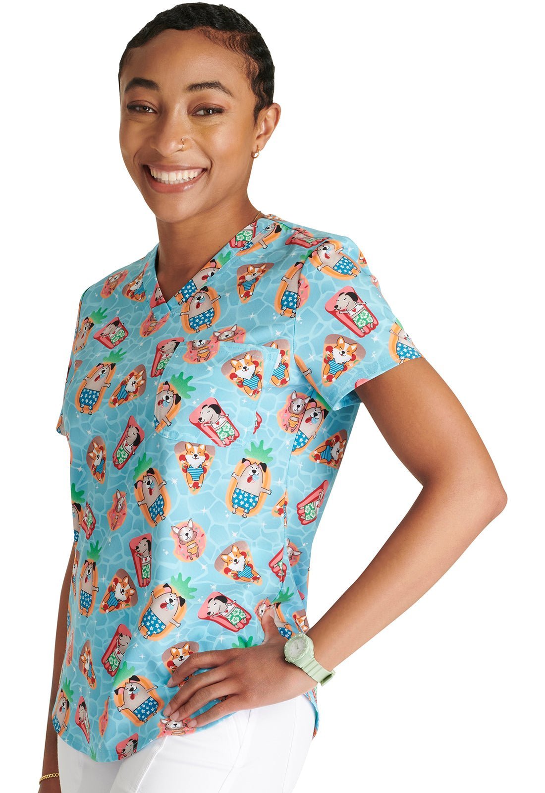Pool Paw - rty Cherokee Animal Print Tuckable V Neck Scrub Top CK664 PWRY - Scrubs Select