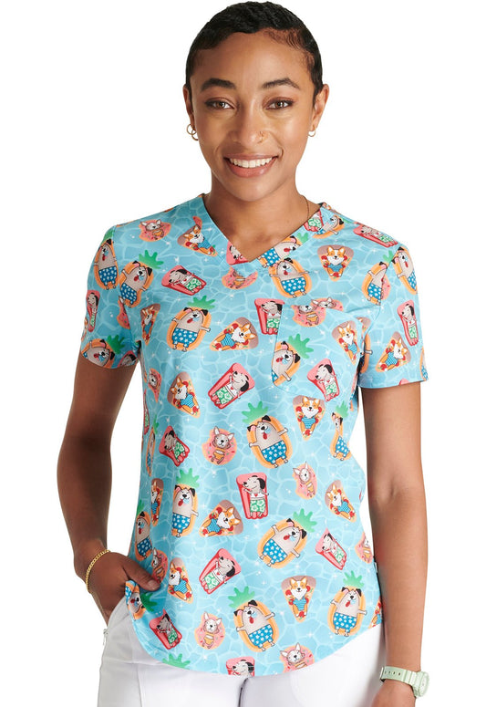 Pool Paw-rty Cherokee Animal Print Tuckable V Neck Scrub Top CK664 PWRY - Scrubs Select