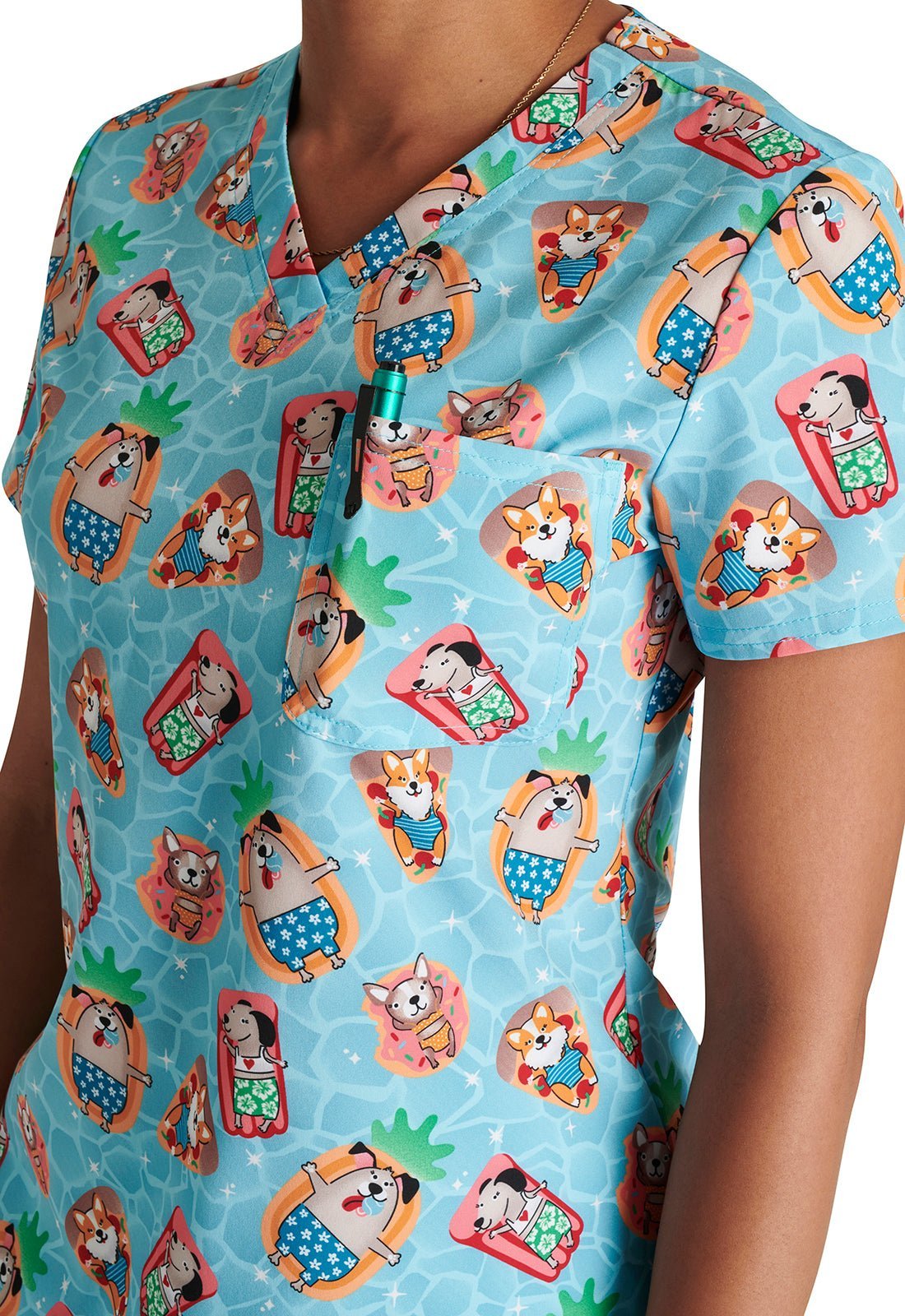 Pool Paw - rty Cherokee Animal Print Tuckable V Neck Scrub Top CK664 PWRY - Scrubs Select