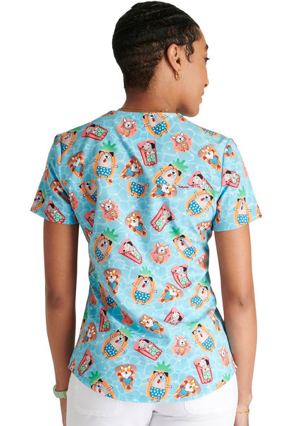 Pool Paw-rty Cherokee Animal Print Tuckable V Neck Scrub Top CK664