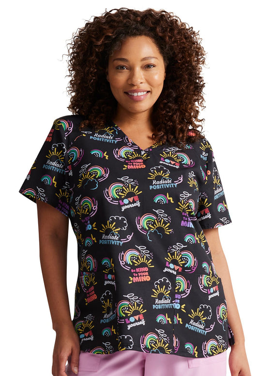 Radiate Positivity Dickies Print V Neck Scrub Top DK876 RDPT - Scrubs Select