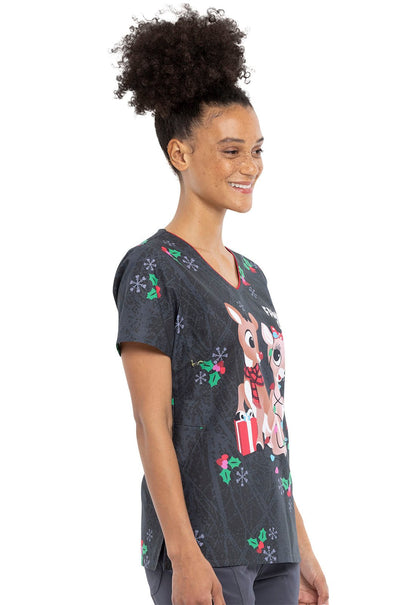 Rudolph Tooniforms Licensed Christmas V Neck Scrub Top TF626 RUVM - Scrubs Select