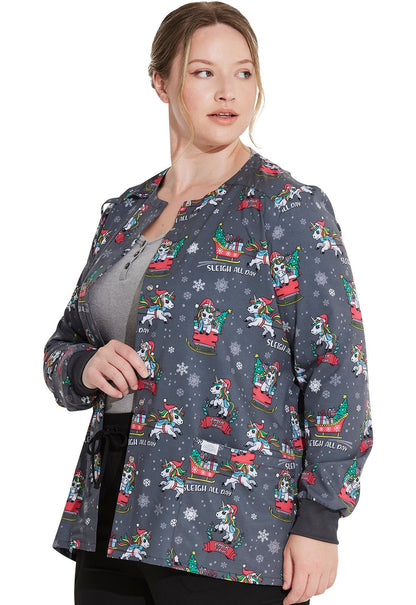 Sleigh All Day Magic Dickies Unicorn Christmas Snap Front Scrub Jacket DK309 SGDM - Scrubs Select