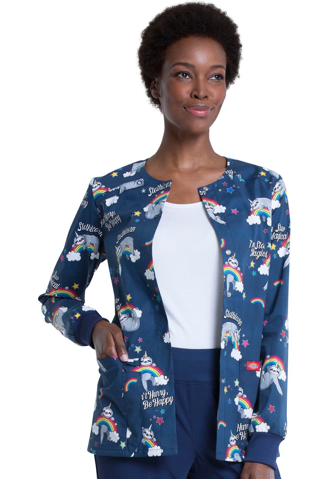 Sloth Dickies Print Snap Front Warm Up Scrub Jacket DK306 SOML - Scrubs Select