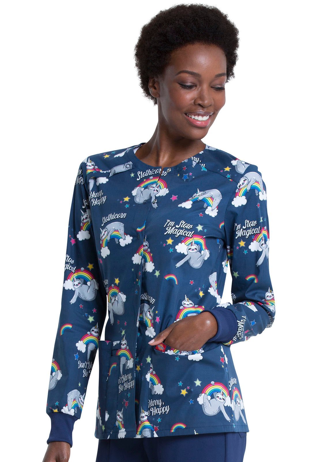 Sloth Dickies Print Snap Front Warm Up Scrub Jacket DK306 SOML - Scrubs Select