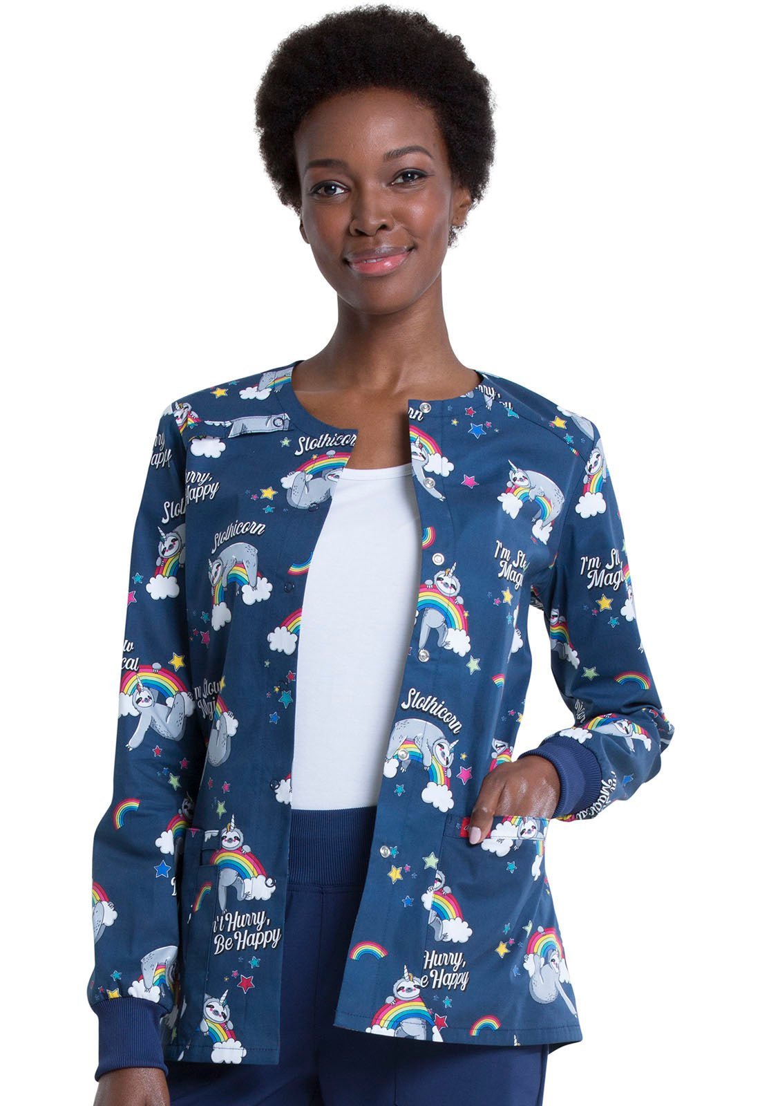 Sloth Dickies Print Snap Front Warm Up Scrub Jacket DK306 SOML - Scrubs Select
