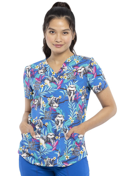 Sloth Print Cherokee V Neck Scrub Top CK652 BTML - Scrubs Select