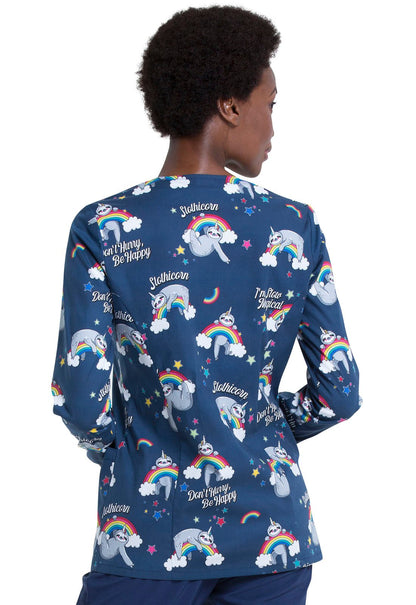 Sloth Print Snap Front Warm Up Scrub Jacket DK306 SOML - Scrubs Select