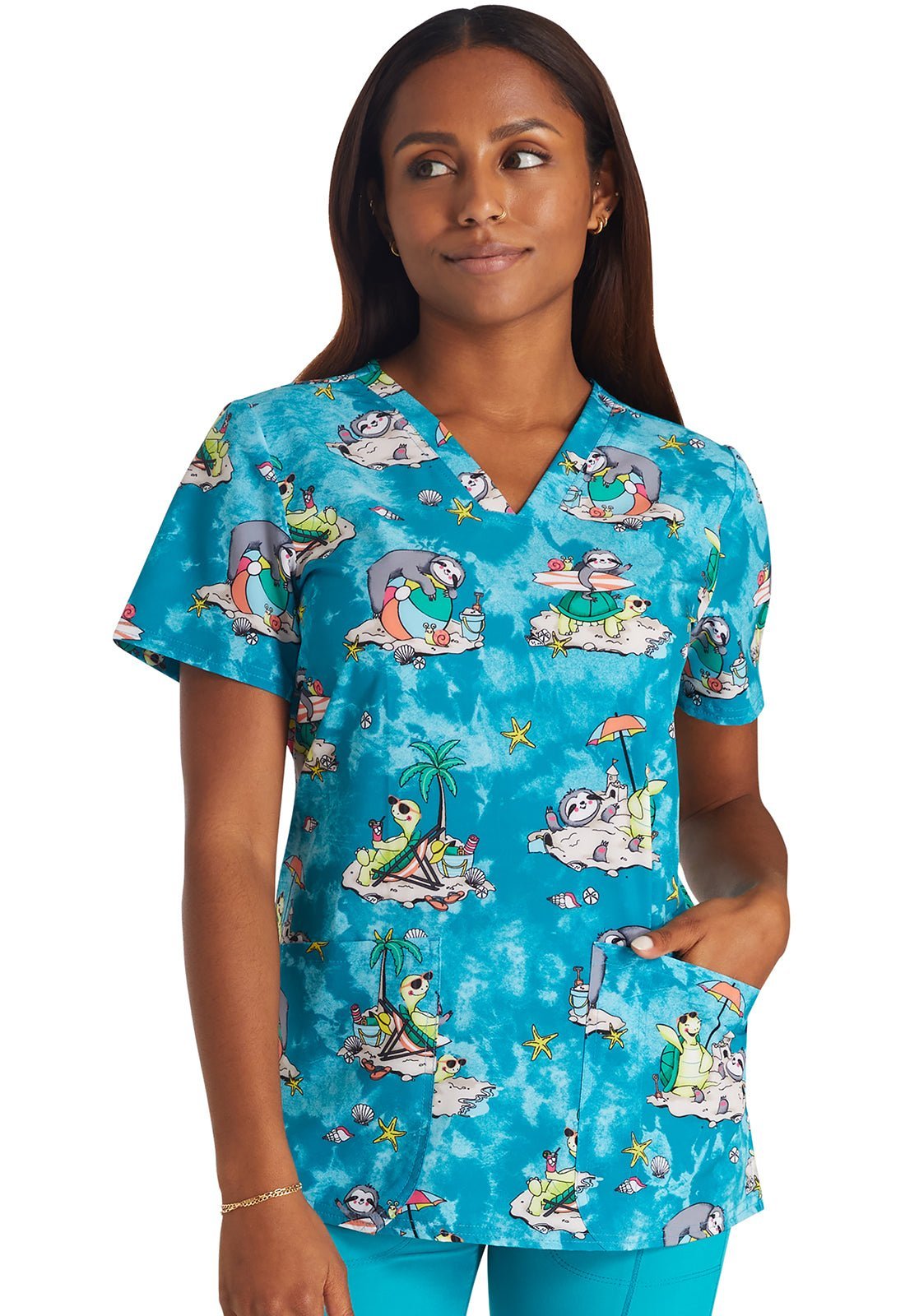 Slow Tide Cherokee Sloth Turtle Print V Neck Scrub Top CK671 SOTD - Scrubs Select