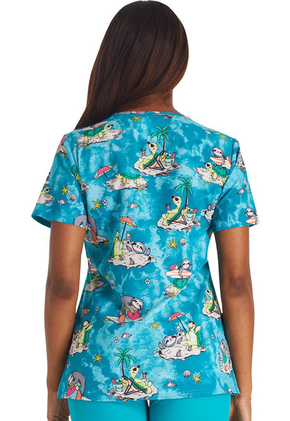 Slow Tide Cherokee Sloth Turtle Print V Neck Scrub Top CK671 SOTD - Scrubs Select